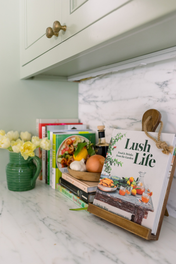 Kitchen counter cookbook vignette.