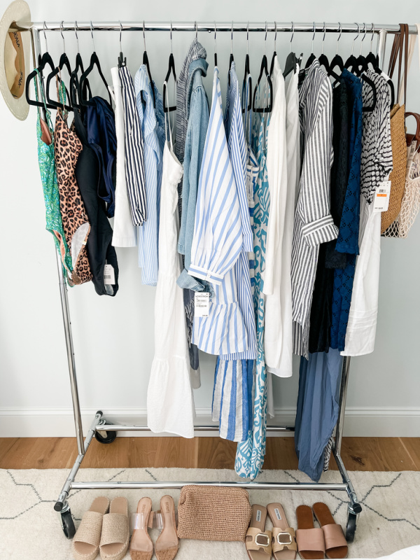 Rolling rack of clothes to pack for Mexico.