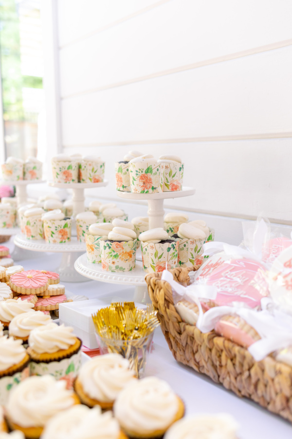 Dessert table at baby girl shower.