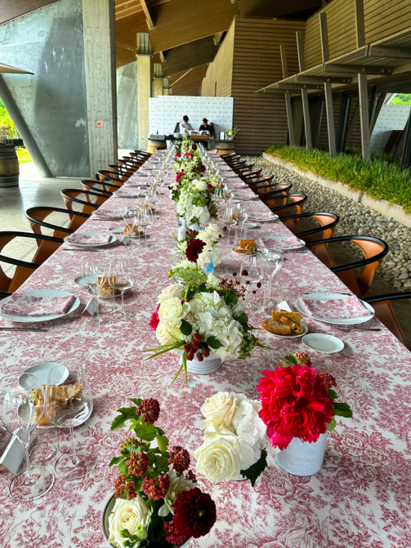 Long table set up for wedding reception.