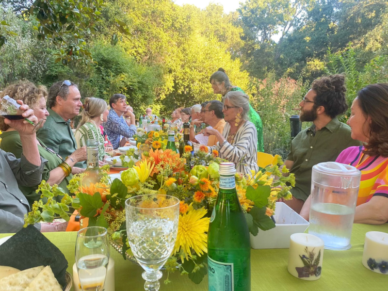 People sitting around long table at garden party.