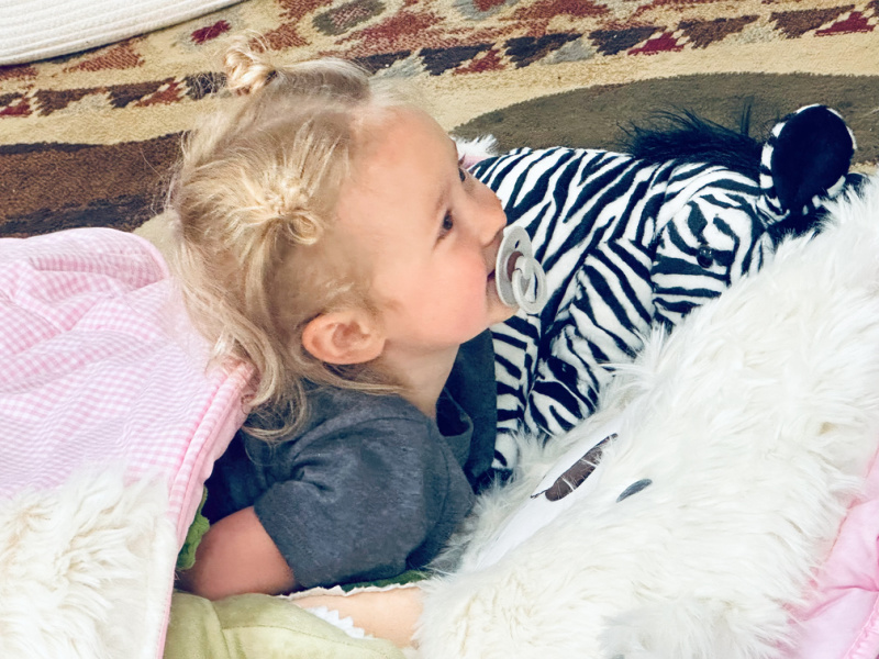 Little girl in Pottery Barn pink teddy bear sleeping bag.