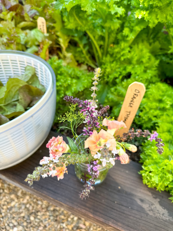 Small bouquet of cut flowers in mason jar in garden.