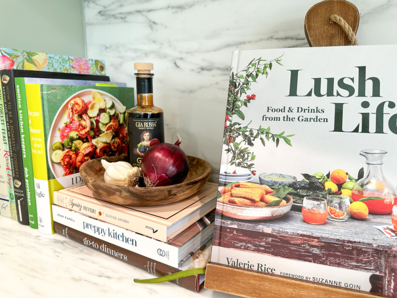 Cookbooks on kitchen counter.