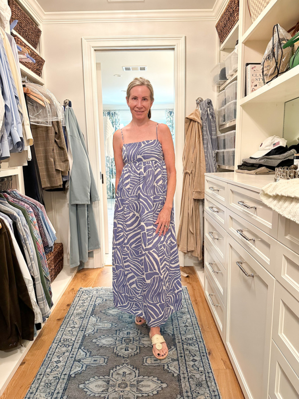Woman trying on Rails summer dress.