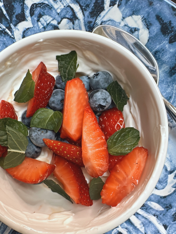 Labneh, honey and berry breakfast.