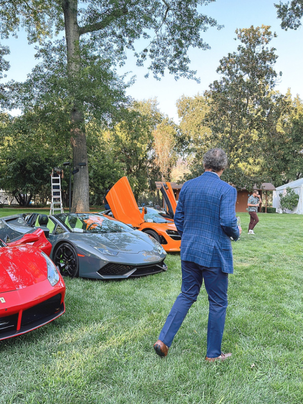 Man surveying fancy cars at Hands Across the Valley auction.