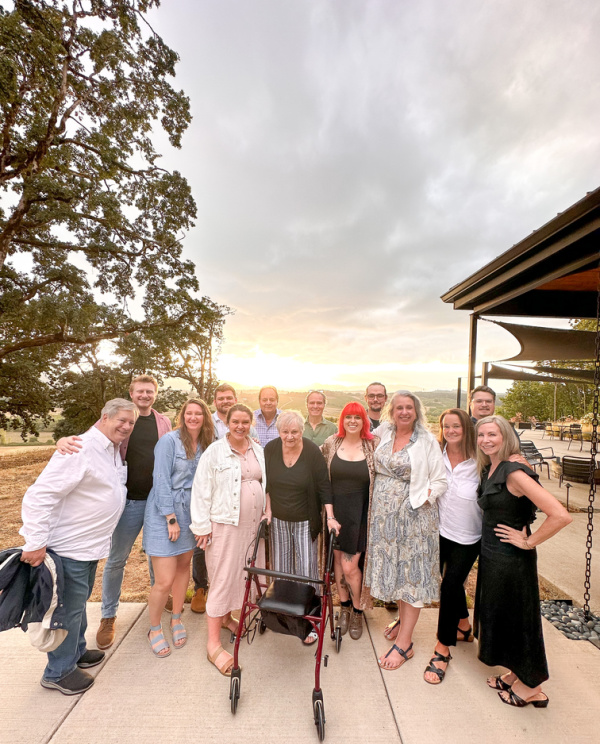 Family photo outside Resonance Wines in Oregon.