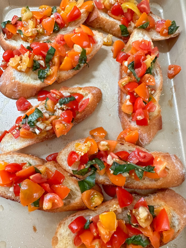 Bruschetta on a sheet pan.