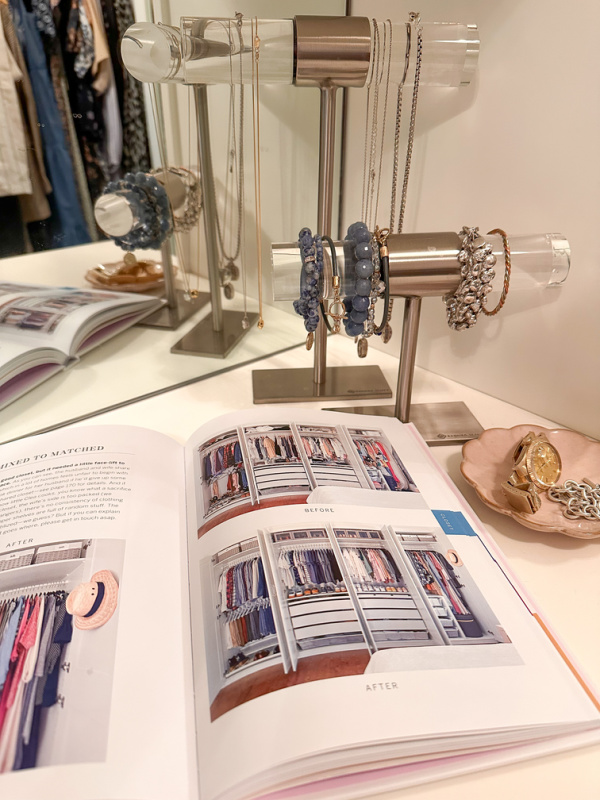 Stay Organized book on closet vanity countertop.