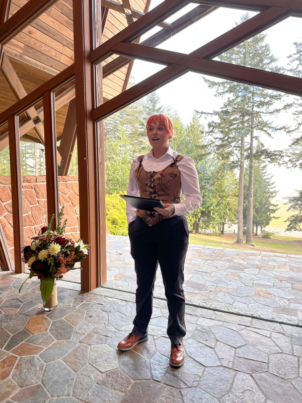 Wedding efficient in front of chapel.