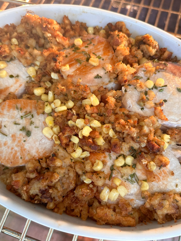 Baked pork chops and stuffing.