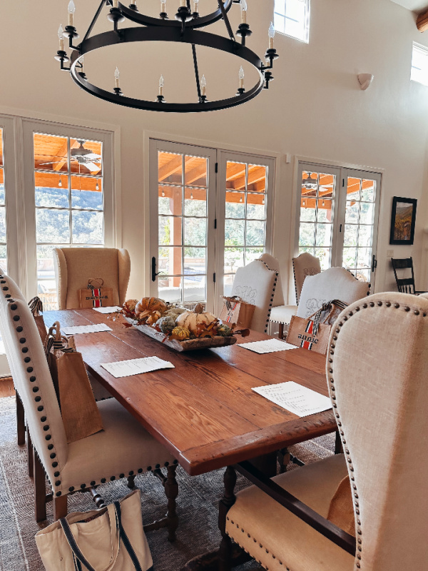 Dining room table set up for meeting.