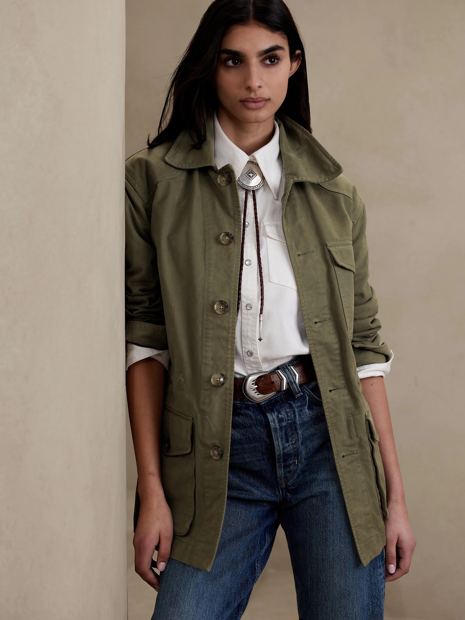 Banana Republic Field Jacket in green.