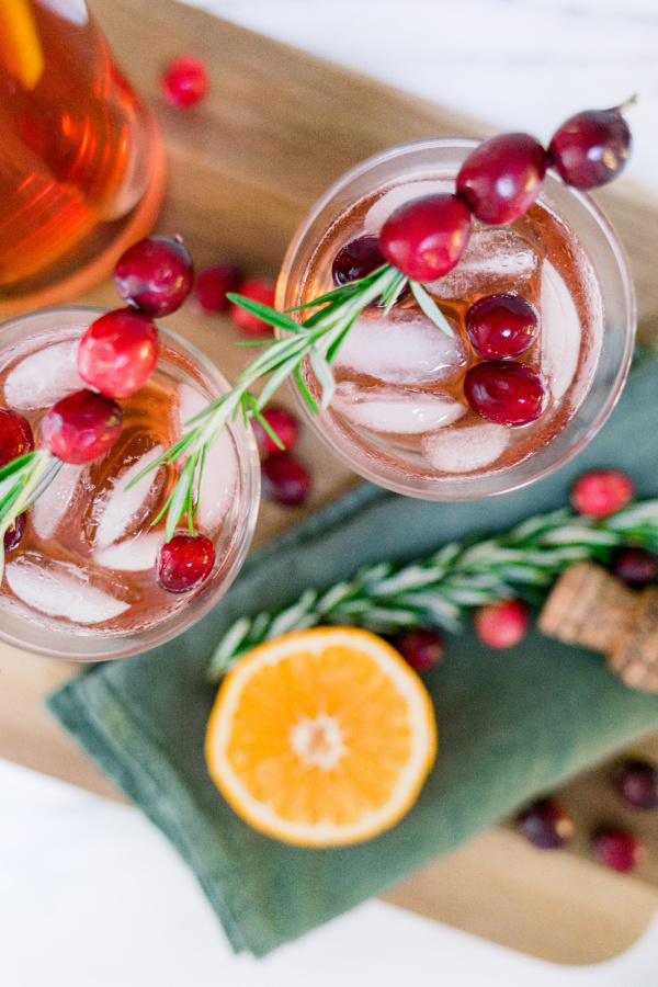 Overhead shot of two glasses of Cranberry Tequila Punch.