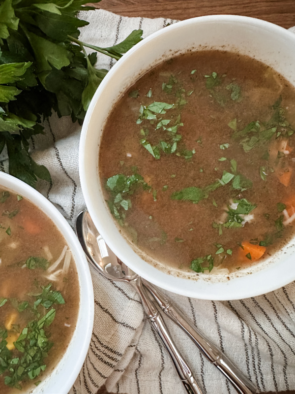 Overhead shot of two bowls of vegetable beef soup.