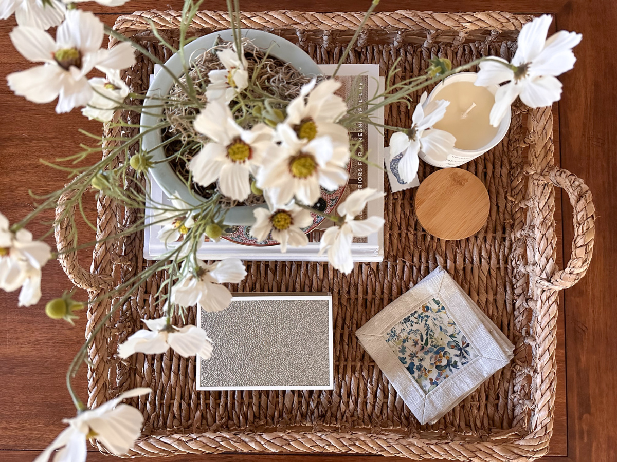 Overhead view of coffee table basket tray.