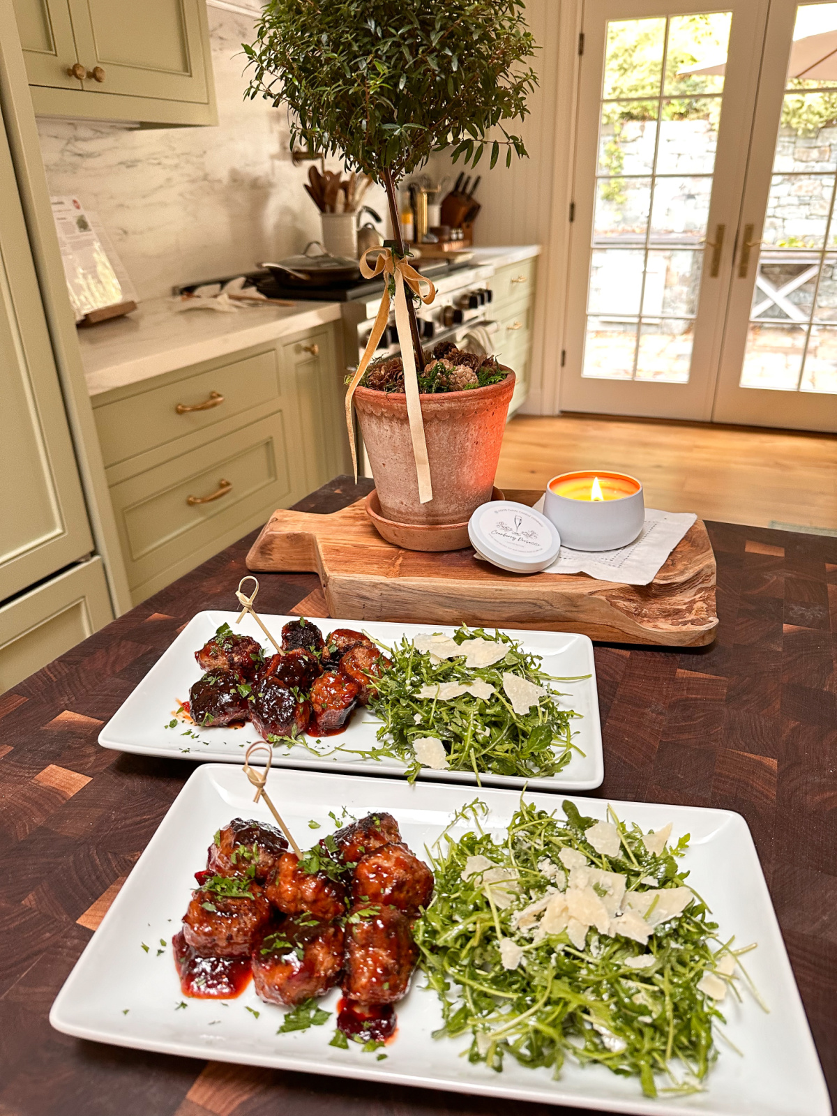 New Years Eve meatballs and arugula salad.