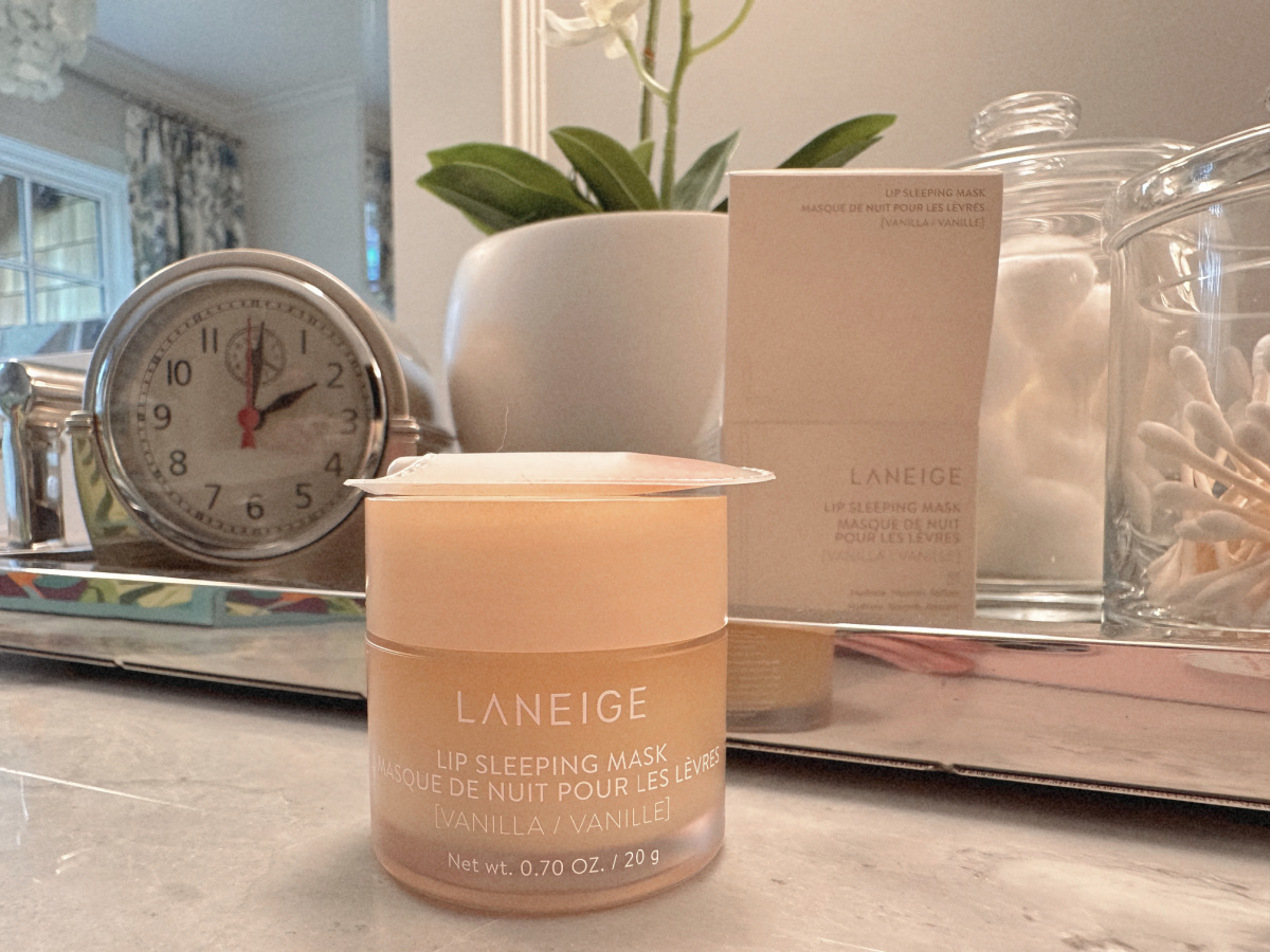 Laneige lip mask on bathroom vanity.