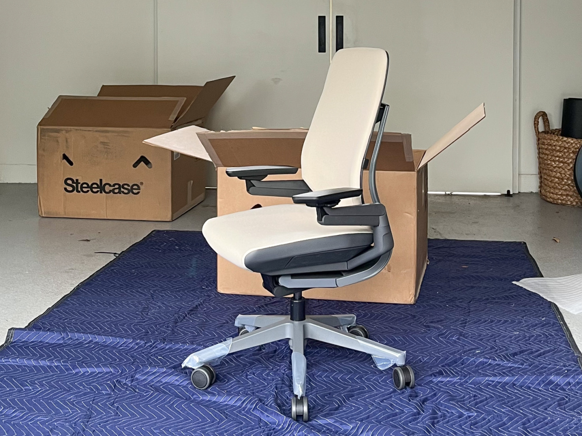 Steelcase chair after being put together in garage.