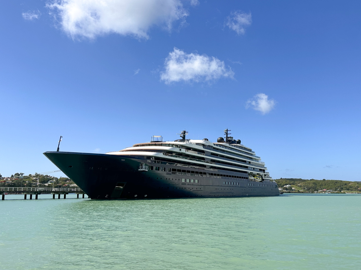 Evrima yacht docked in Antigua.