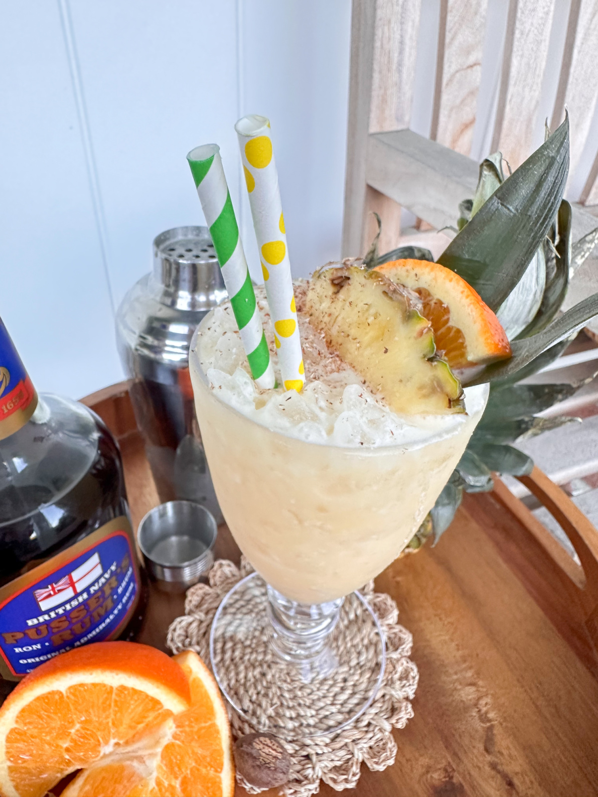 Painkiller cocktail on a tray.