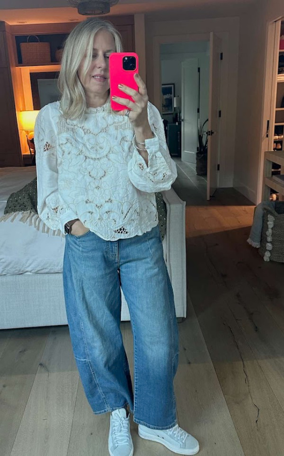 Kim from Northern California Style wearing barrel denim.