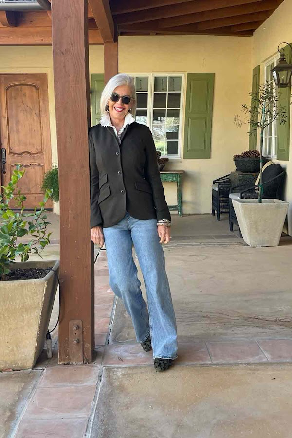 Cindy from Cindy Hattersley Design wearing wide leg denim.