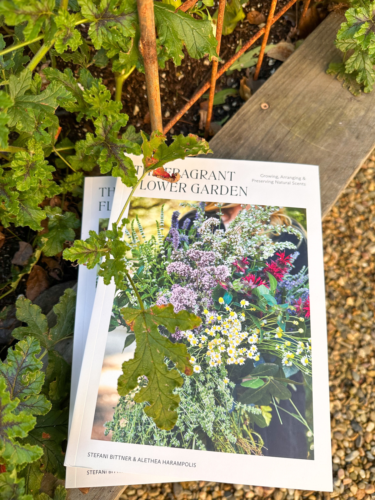 The Fragrant Flower Garden books sitting on raised bed garden ledge.