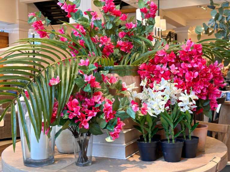 Spring faux floral display at Pottery Barn.