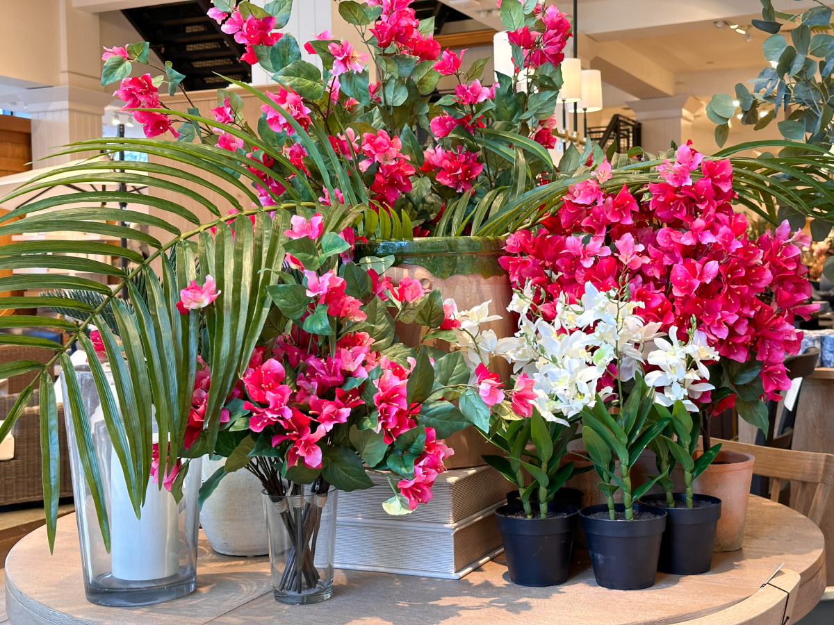 Spring faux floral display at Pottery Barn.