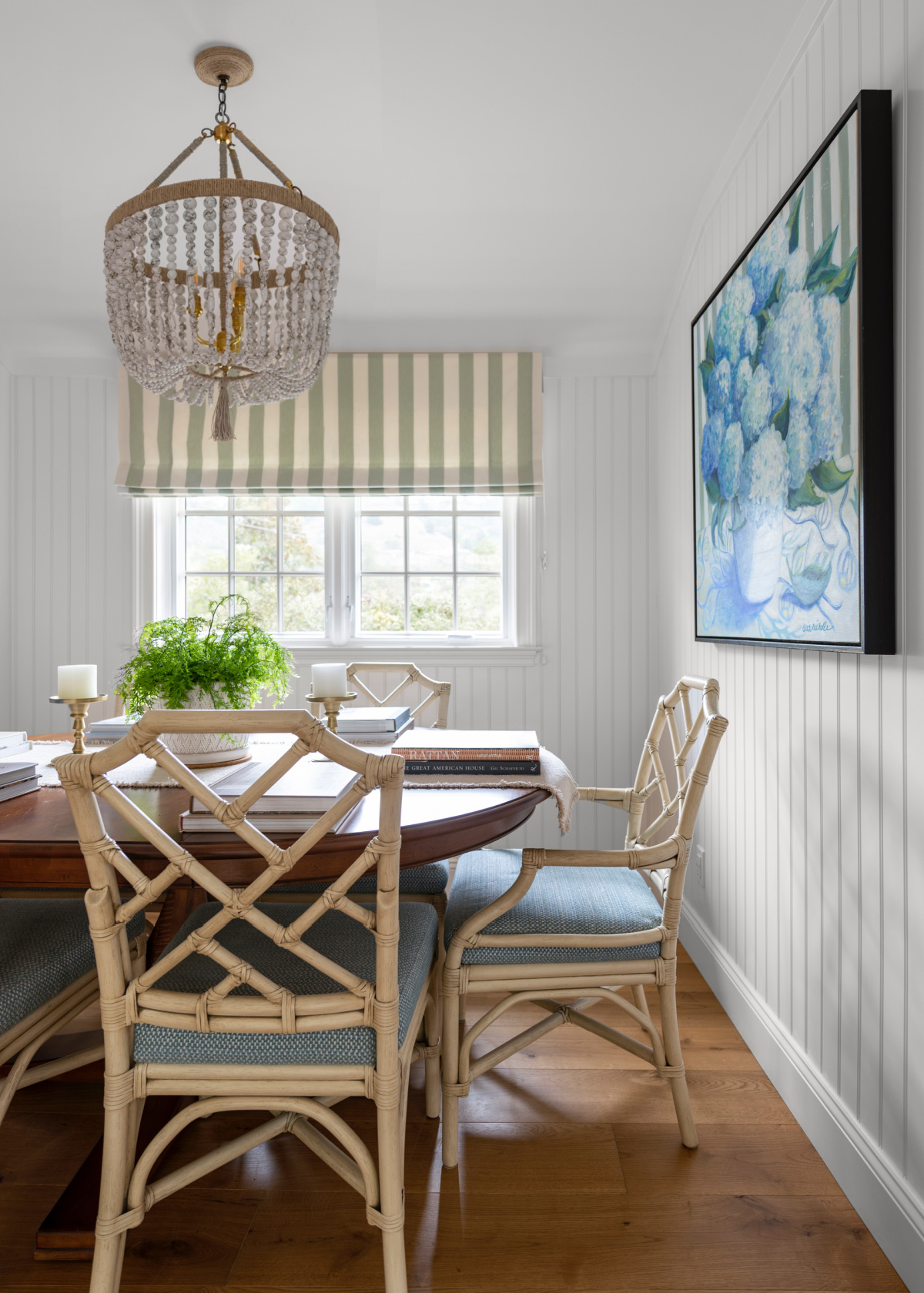 Dining table set with books.