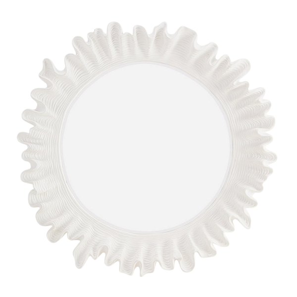 Round, white scalloped mirror.