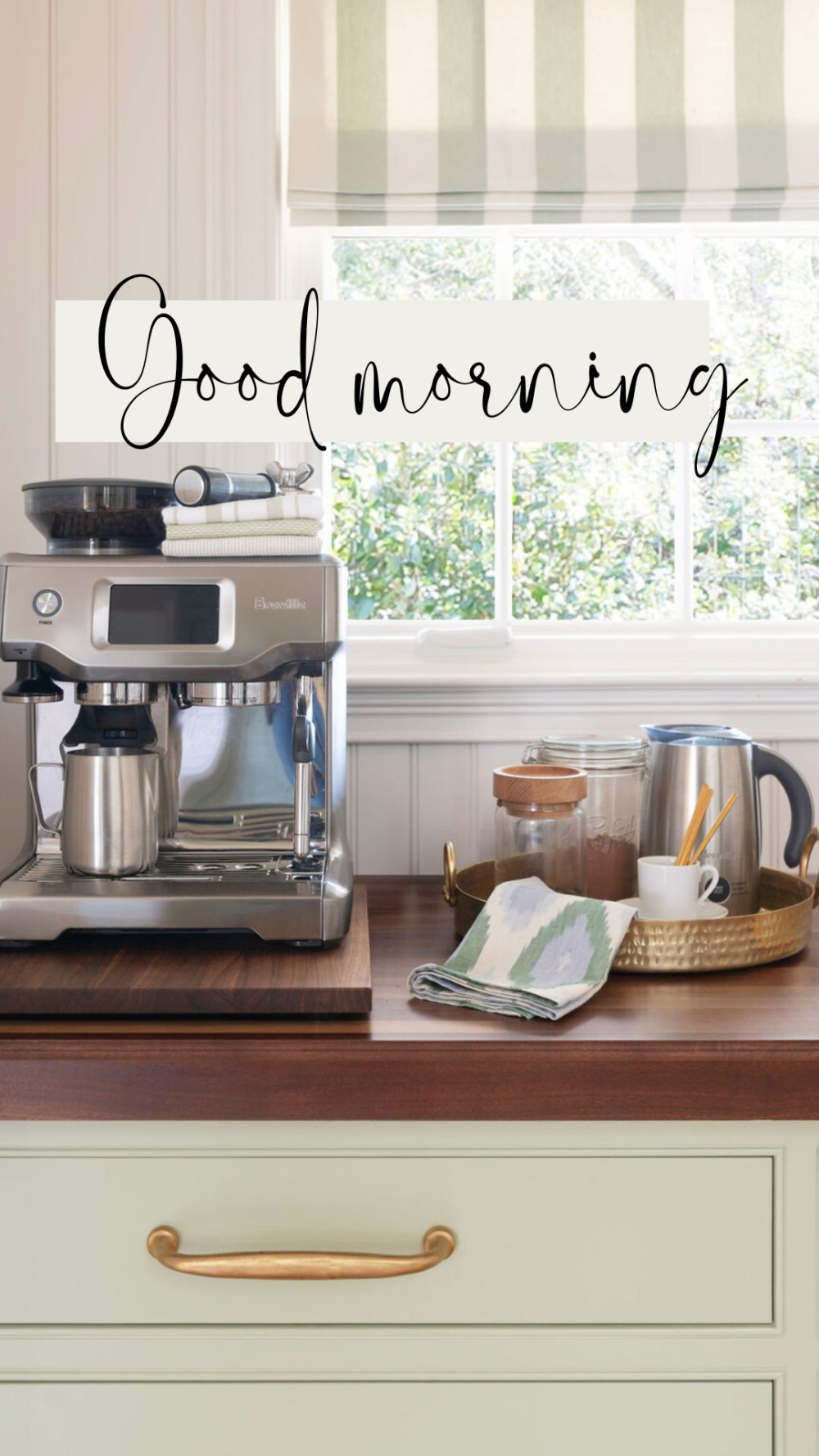 Good Morning graphic with coffee bar background.