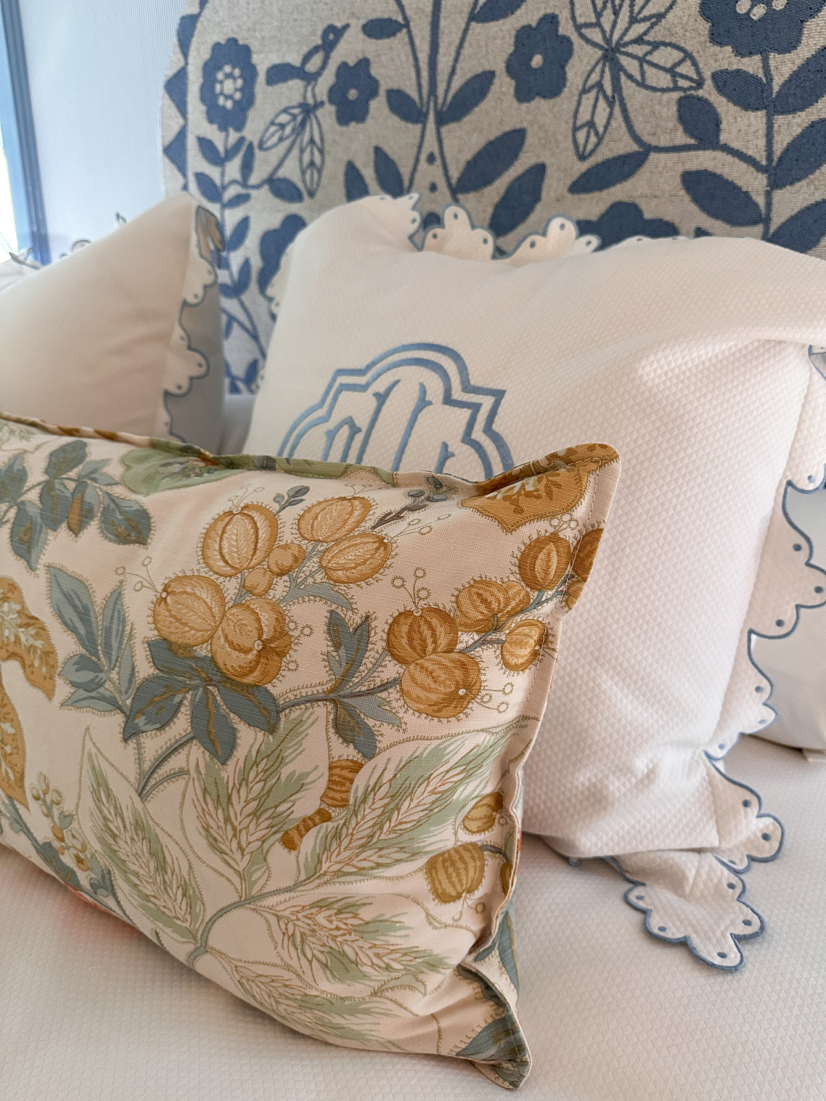 Schumacher fabric on lumbar pillow.