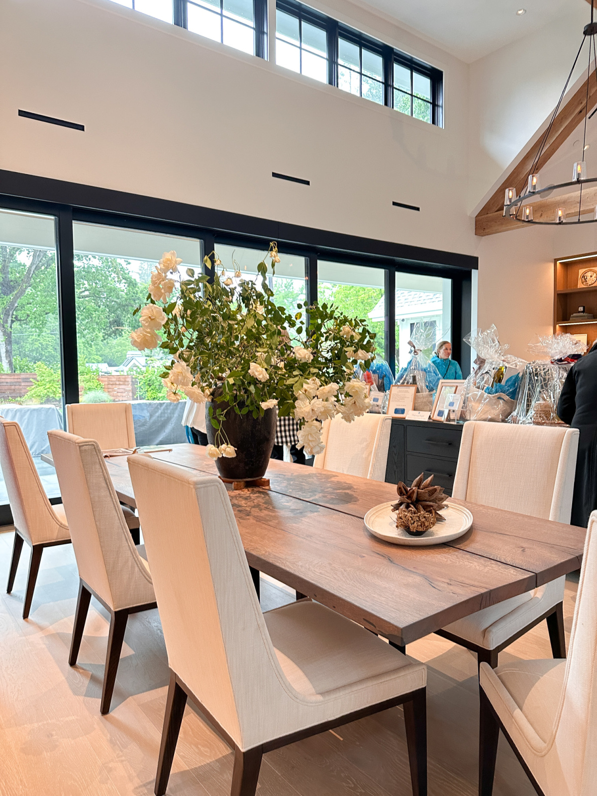 Dining room of large modern farmhouse.