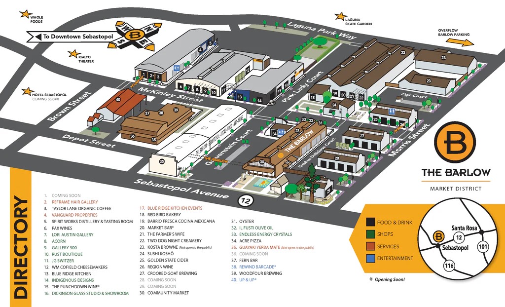 Map and shop listing of The Barlow shopping area in Sebastopol, CA.