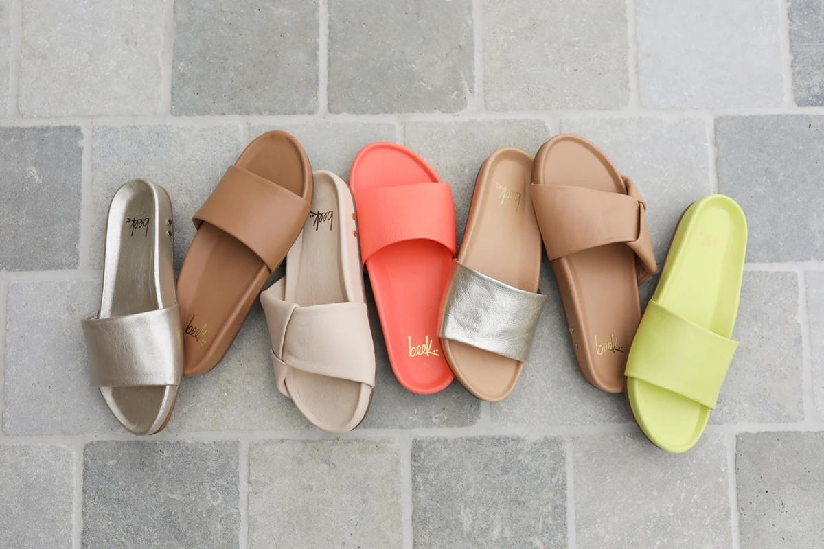A line up of colorful Beek slides.