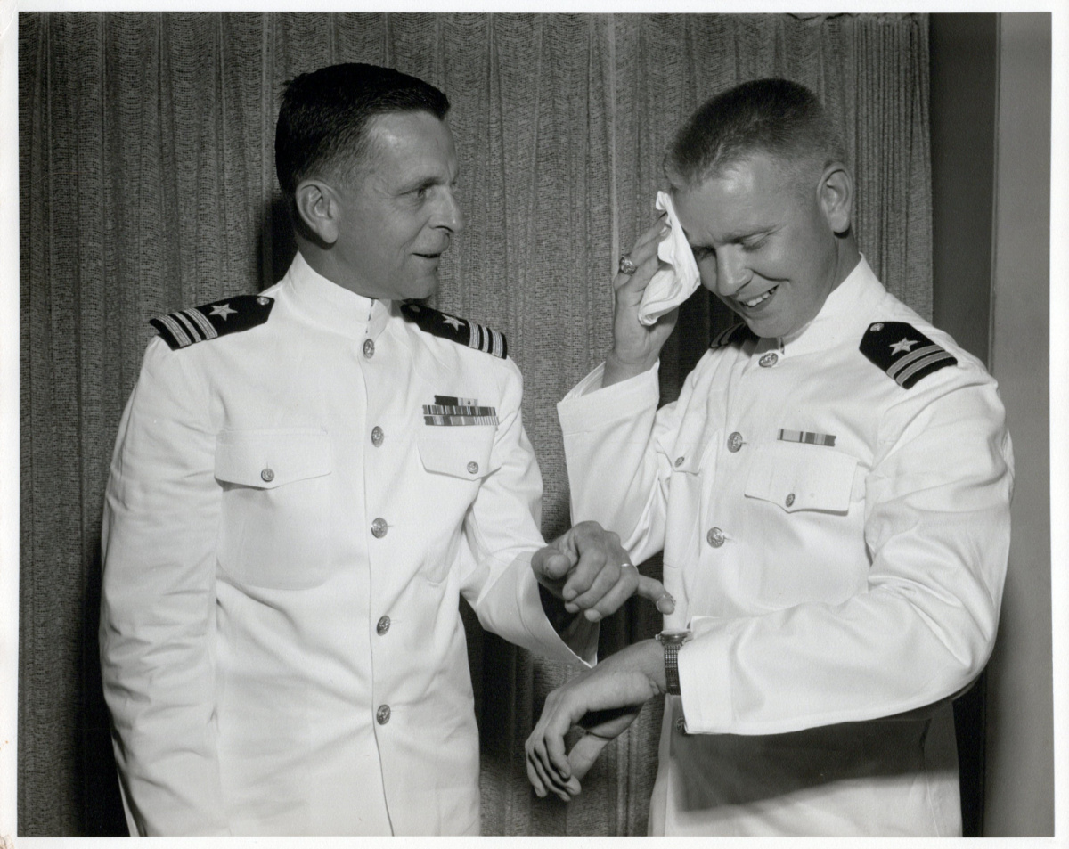 Father and son in their Navy whites just before son's wedding