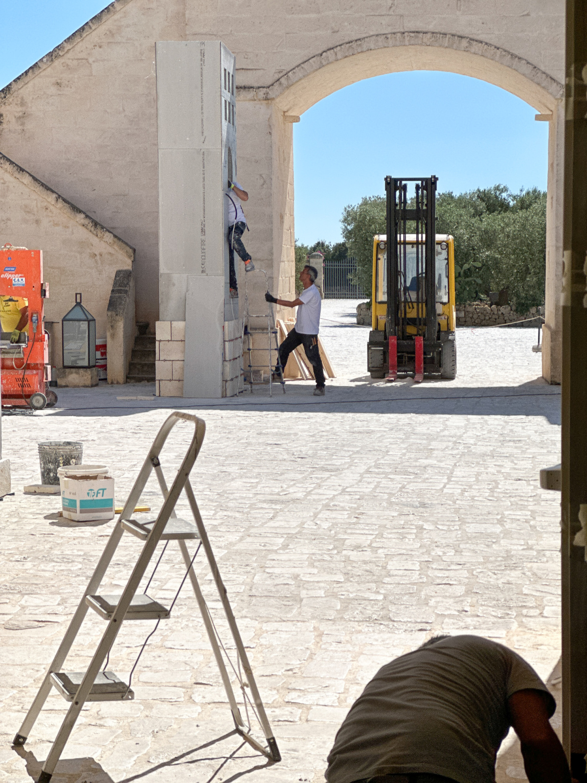 Entry courtyard at Borgo Egnzia preparing for G7 summit.