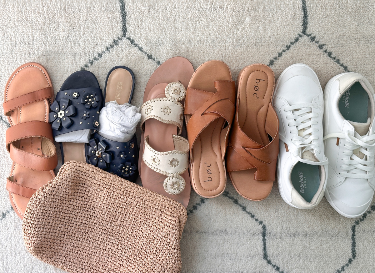 Overhead shot of shoes, sandals and bag on floor ready to pack.