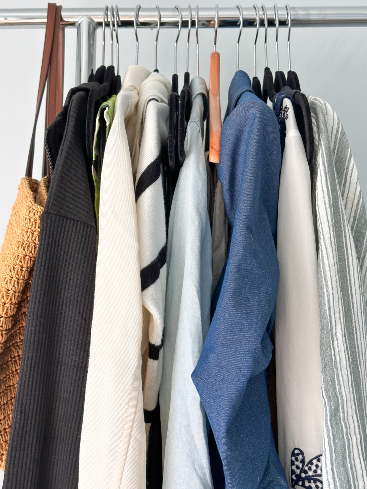 Clothing on hanging rack.