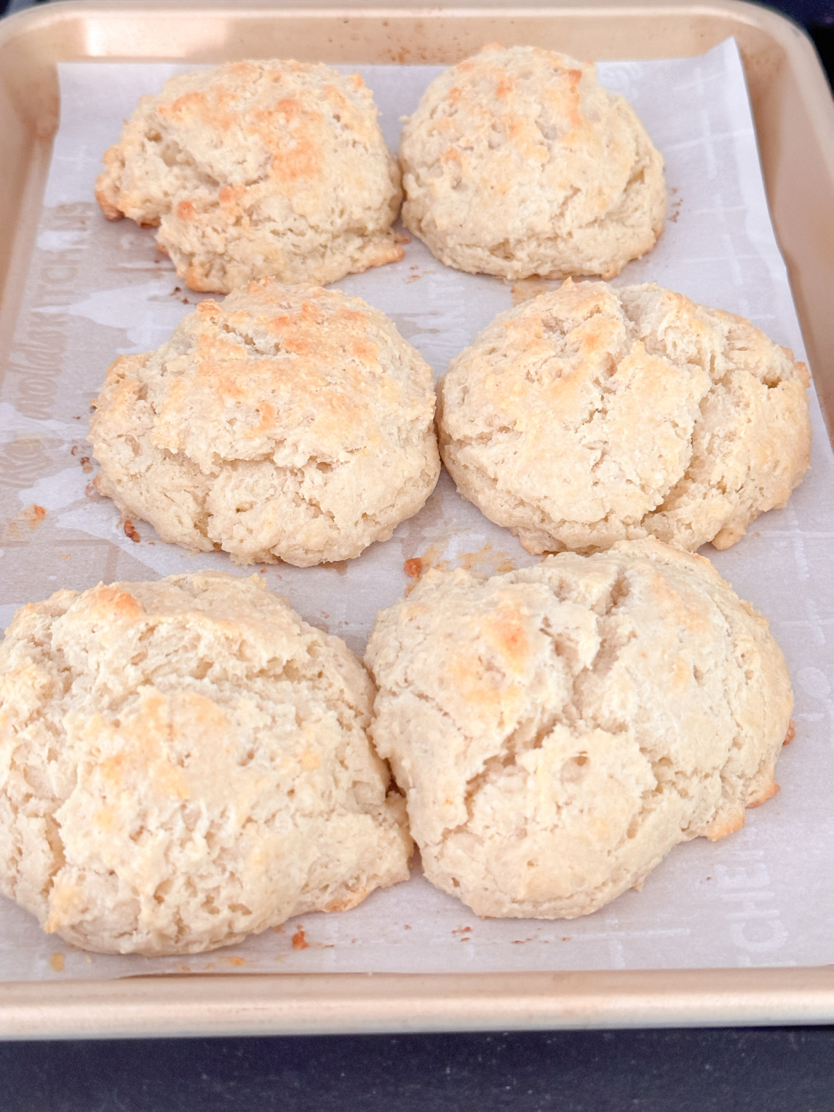 Pan of just baked drop biscuits.