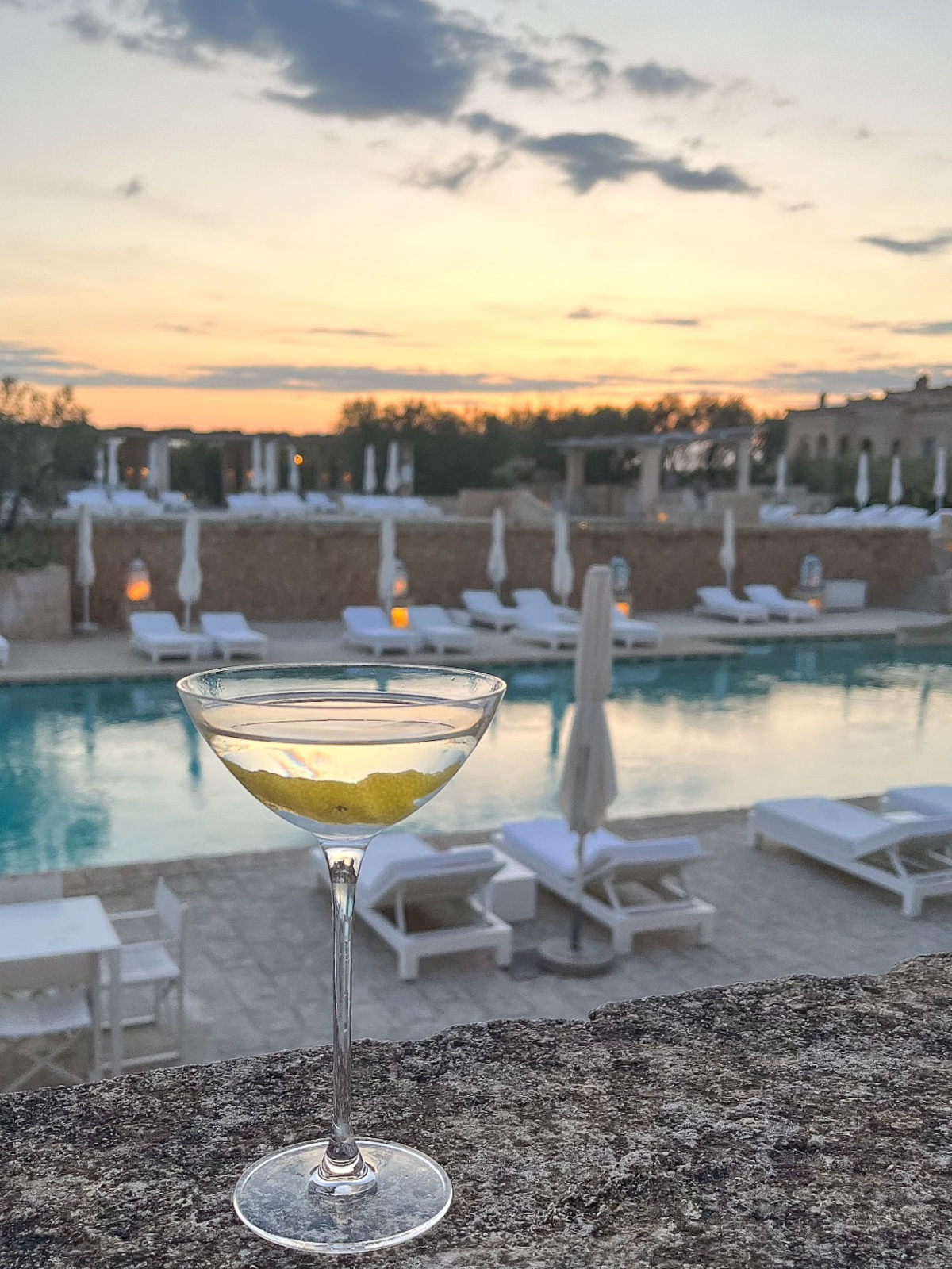 Martini on balcony of Bar del Porticato at Borgo Egnazia.