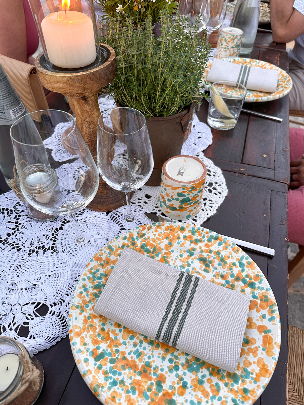 Speckled plate at alfresco setting at Borgo Egnazia.