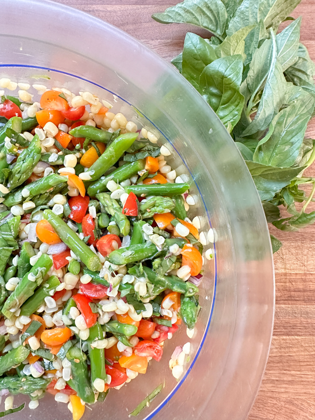 Corn, asparagus, tomato salad.