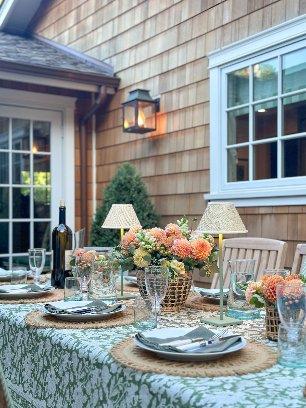 Tablesetting on outdoor patio.