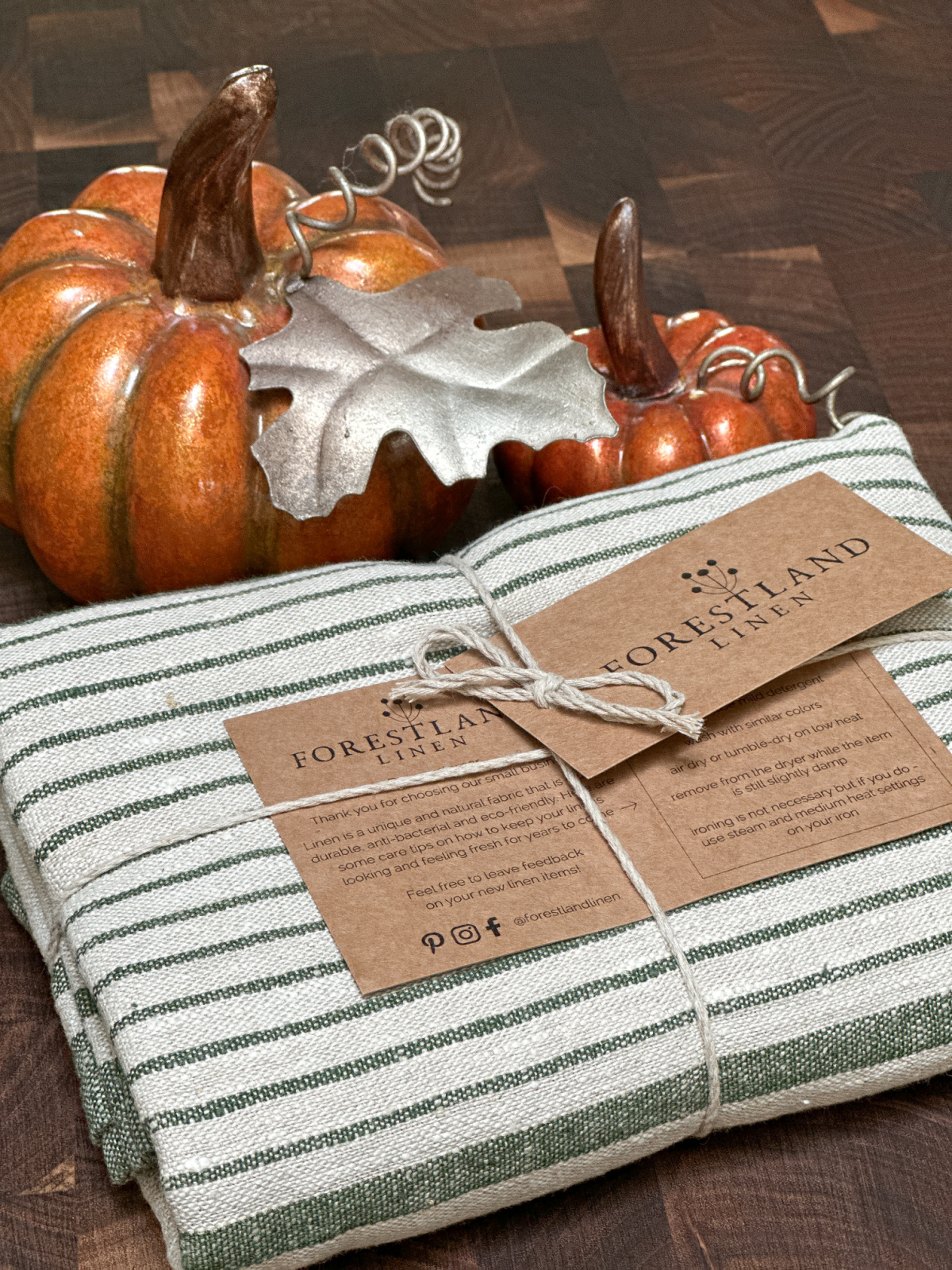Green and white striped table runner.
