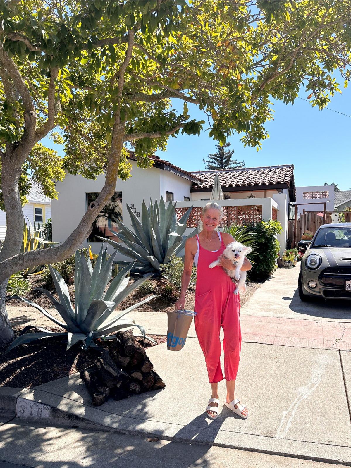 Woman holding dog in driveway.