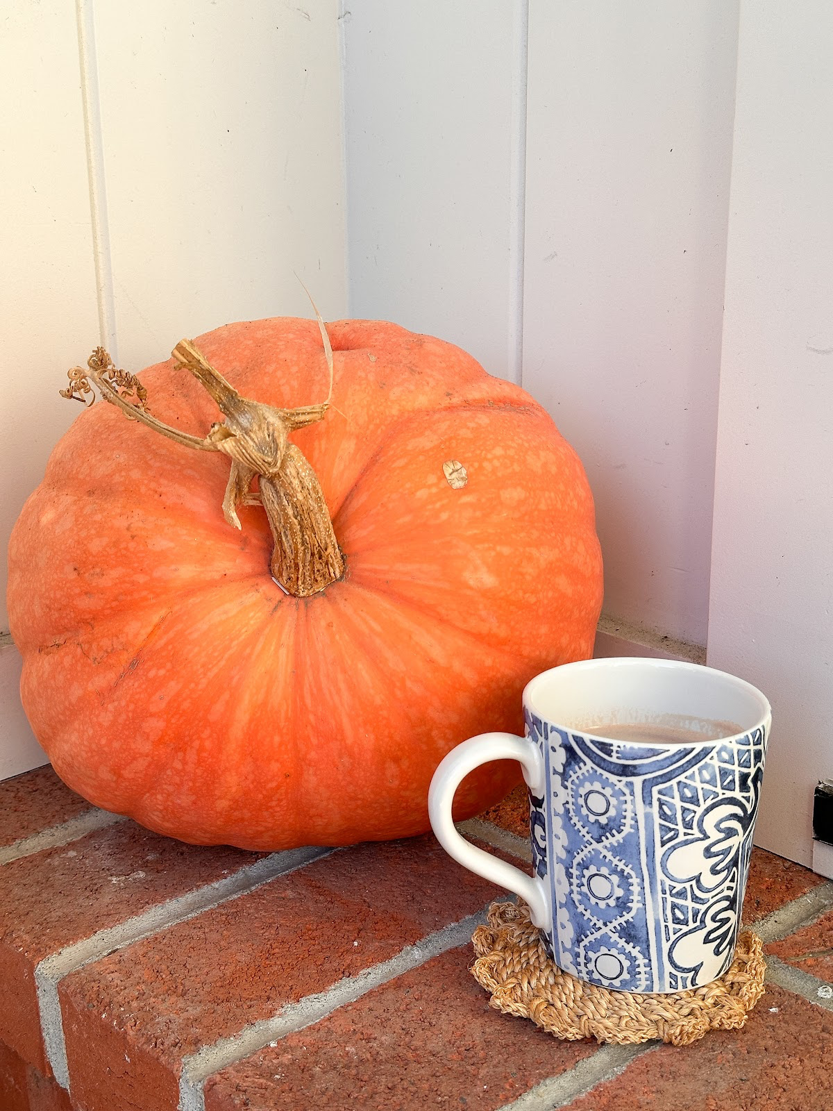 Pumpkin on brick porch next to blue and white coffee mub.
